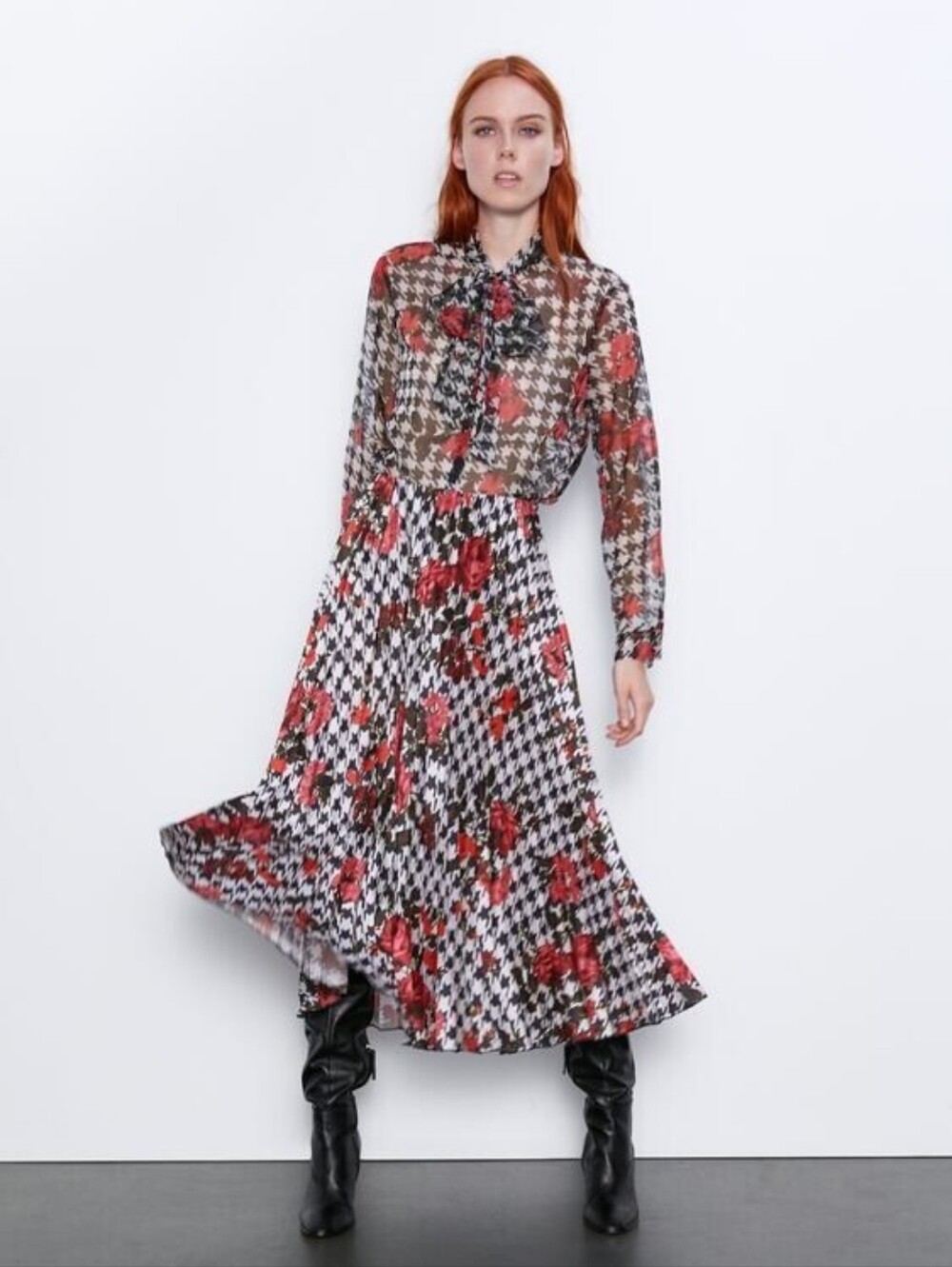 BNWT ZARA printed Houndstooth Blouse And Pleated Skirt M